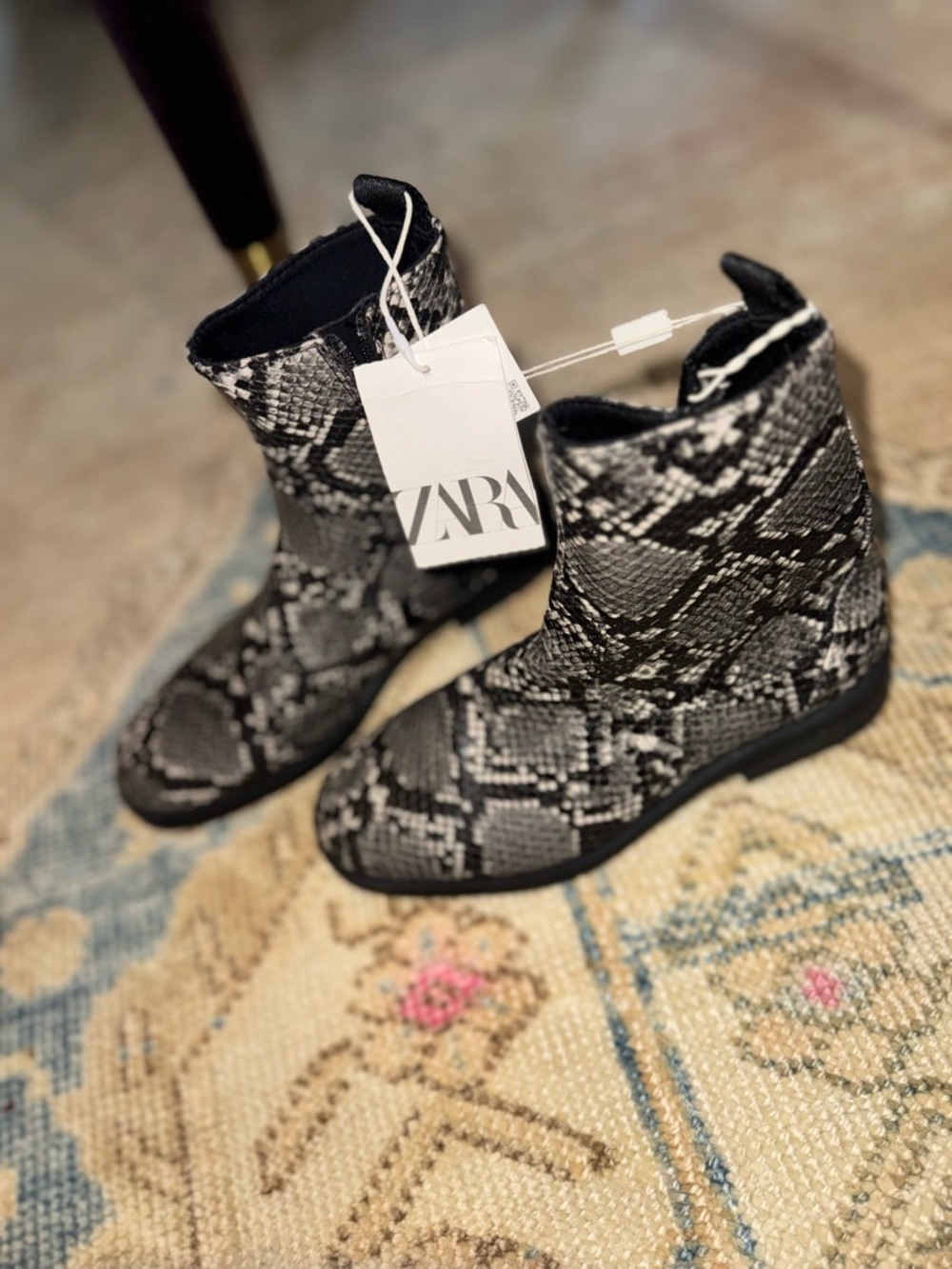 ZARA Black & Gray Snake-Print Ankle Boots